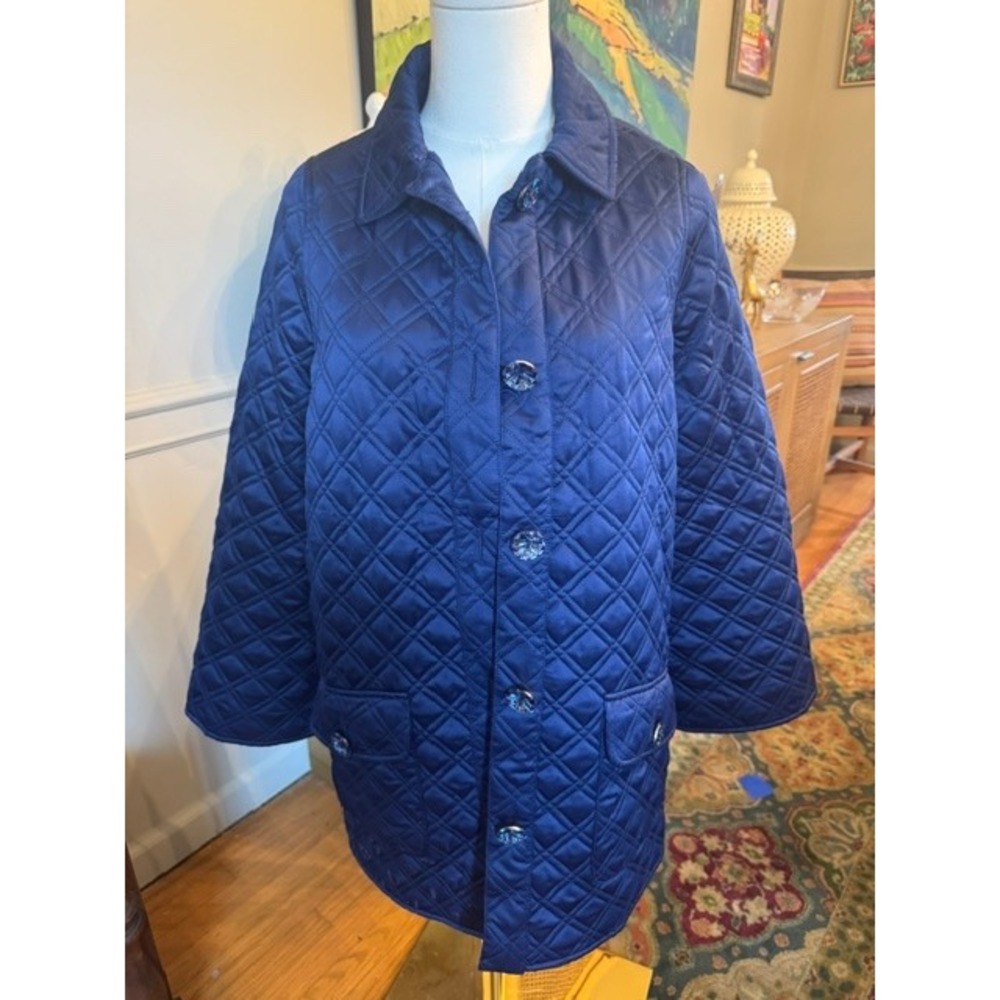 Hill House Home Navy Blue Quilted Satin Jacket Faceted Buttons XS NWT